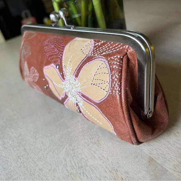 Fossil Leather Clutch, Floral Applique Embroidered, Studs, Never Used - Picture 2 of 6